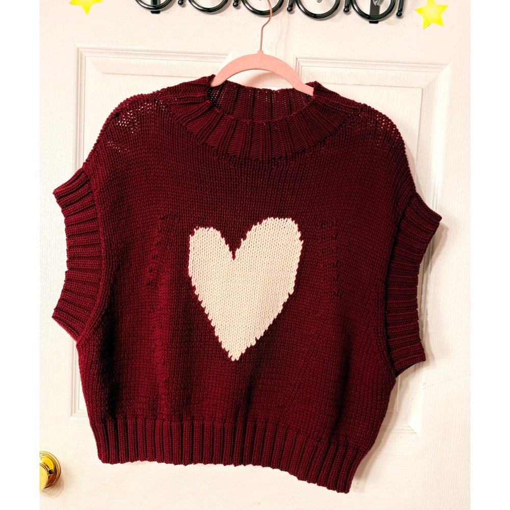 Maeve Anthropologie Heart Intarsia Knit Sweater Vest Burgundy Pink 1X Mock Neck - Picture 4 of 9